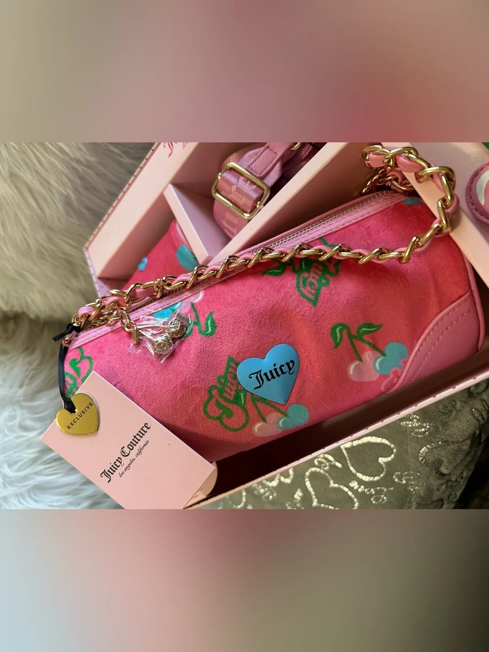NWT Juicy Couture Mini-Heritage Pink Cherry Logo Strap and Cosmetic Clutch Set